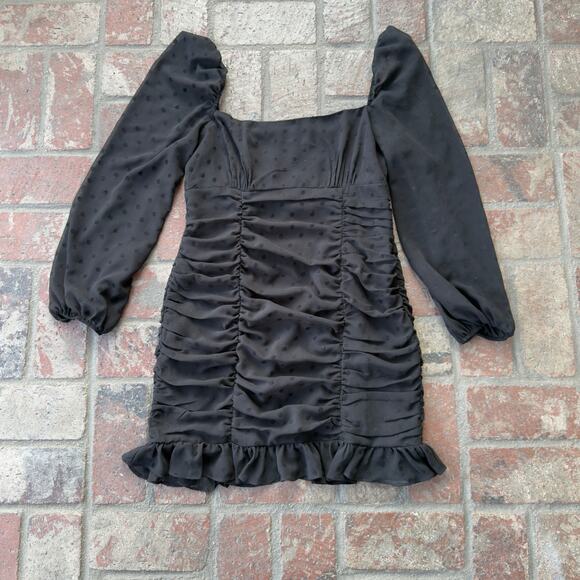 Privacy Please Arielle Black Polka Dot Dress Size L Sheer Ruffle Ruched Mini - Picture 9 of 9